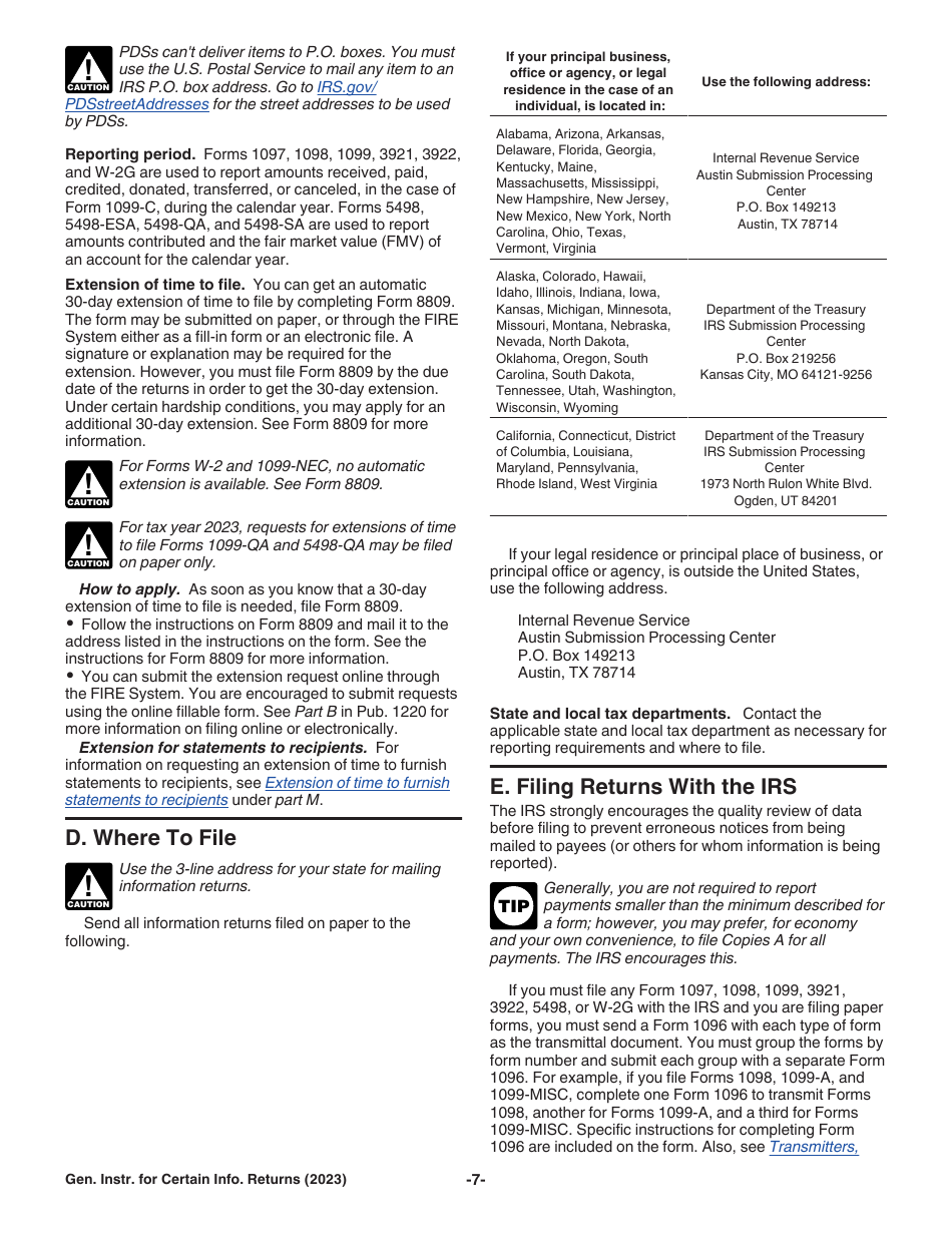 Instructions for IRS Form 1096, 1097, 1098, 1099, 3921, 3922, 5498, W-2G, Page 7