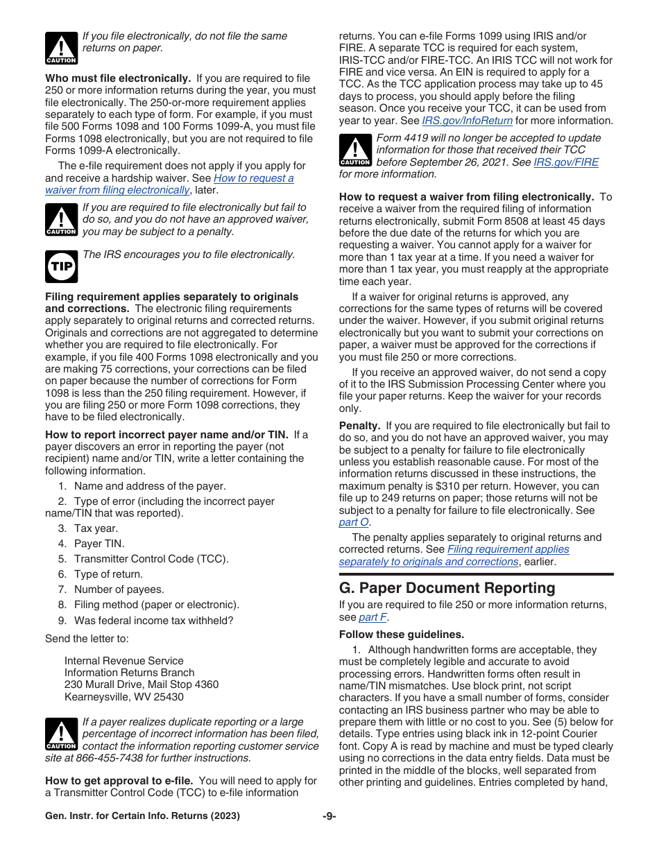 Instructions for IRS Form 1096, 1097, 1098, 1099, 3921, 3922, 5498, W-2G, Page 9