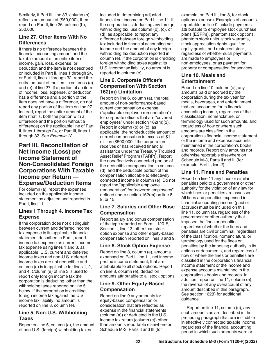 Instructions for IRS Form 1120-F Schedule M-3 Net Income (Loss) Reconciliation for Foreign Corporations With Reportable Assets of $10 Million or More, Page 22