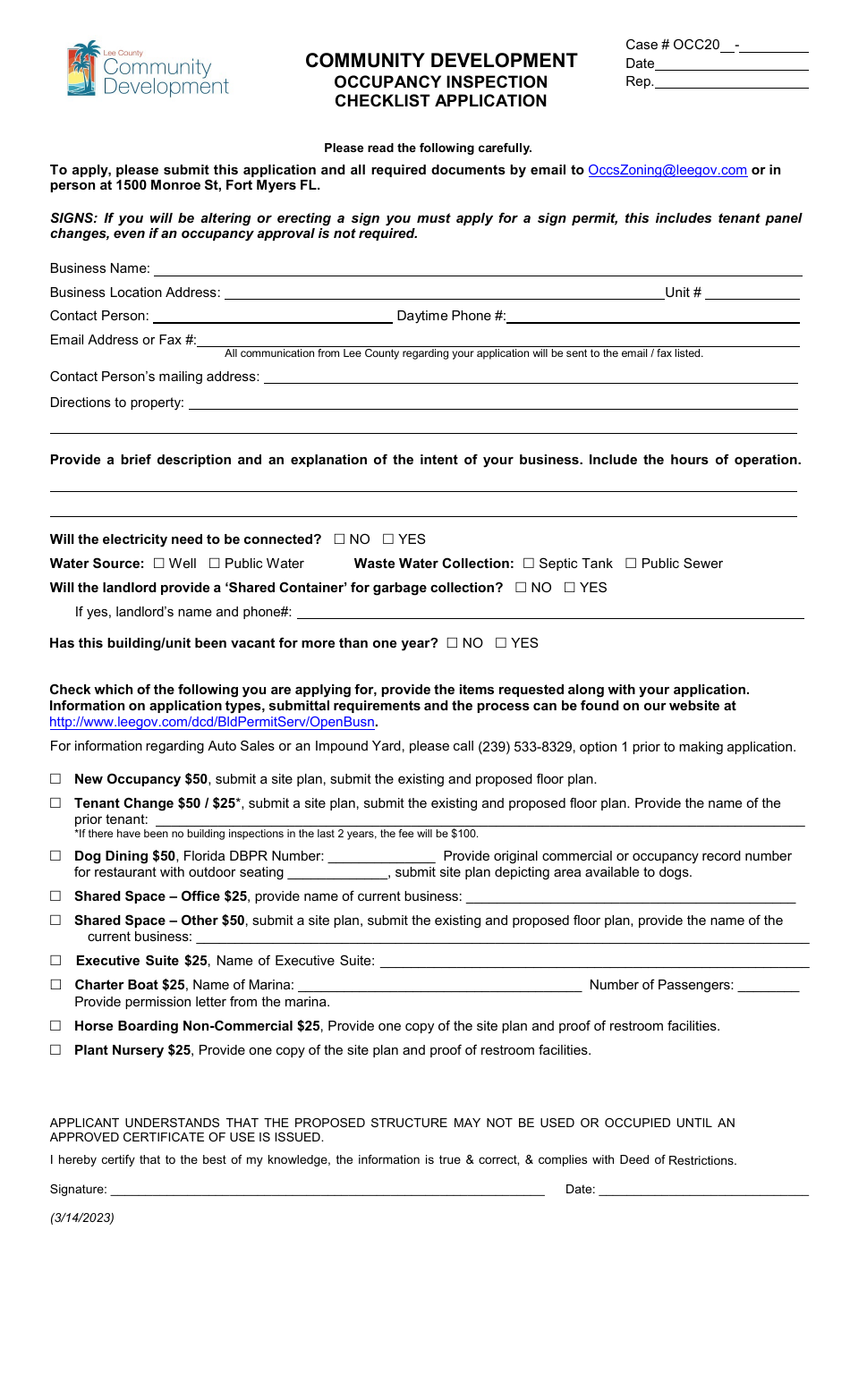 Occupancy Inspection Checklist Application - Lee County, Florida, Page 1