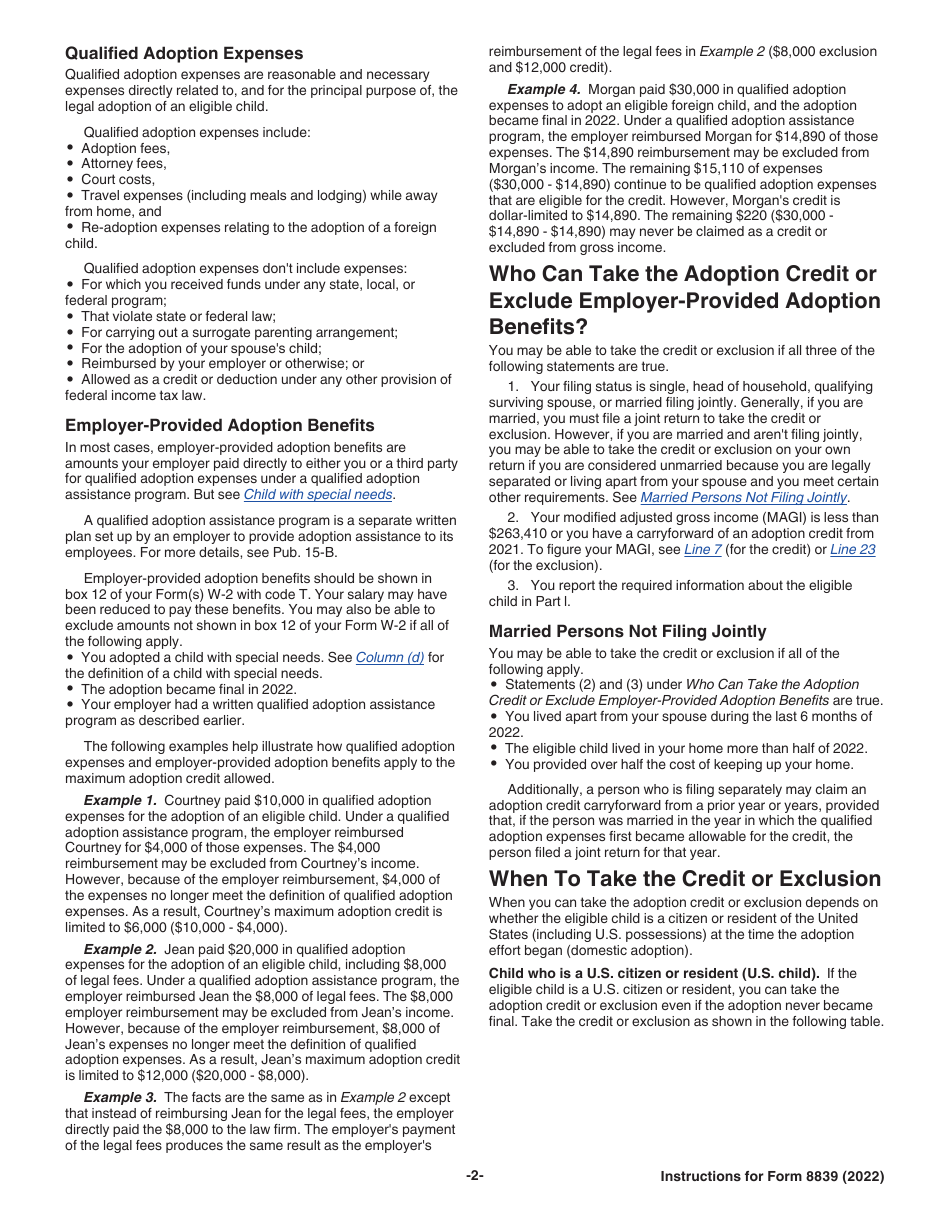 Instructions for IRS Form 8839 Qualified Adoption Expenses, Page 2