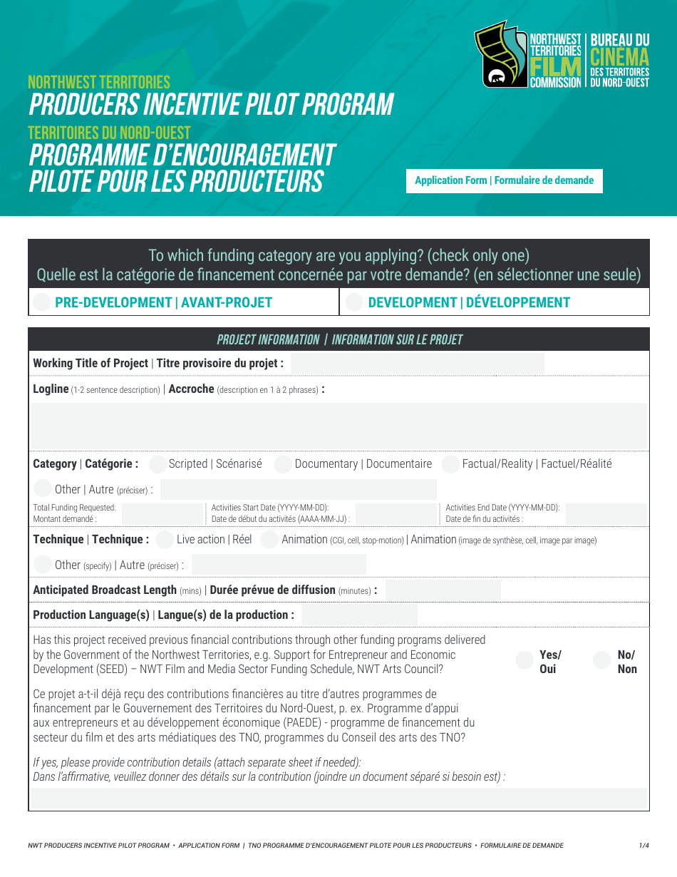 Producers Incentive Pilot Program Application Form - Northwest Territories, Canada (English/French), Page 1