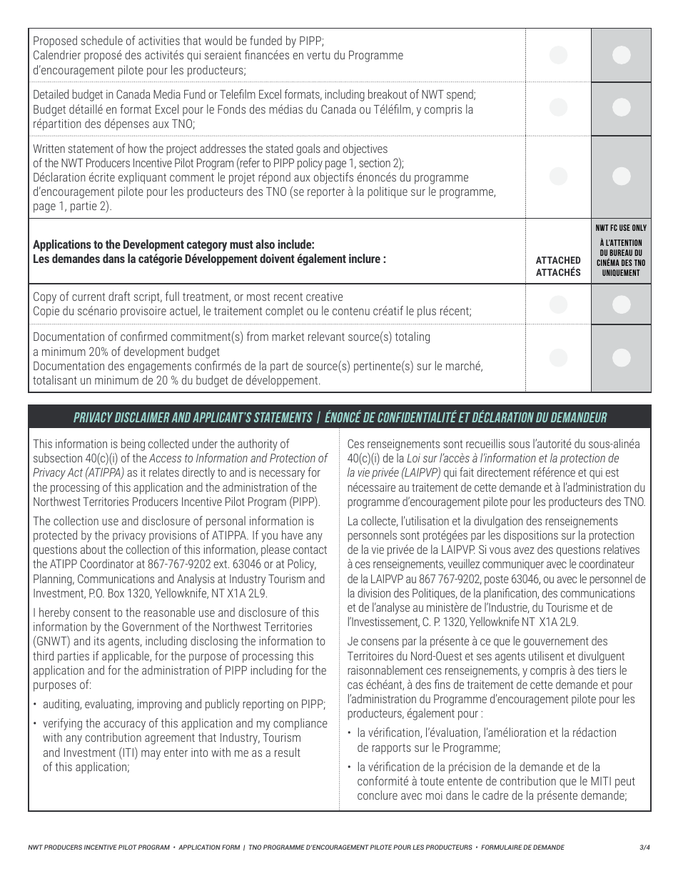 Producers Incentive Pilot Program Application Form - Northwest Territories, Canada (English / French), Page 3