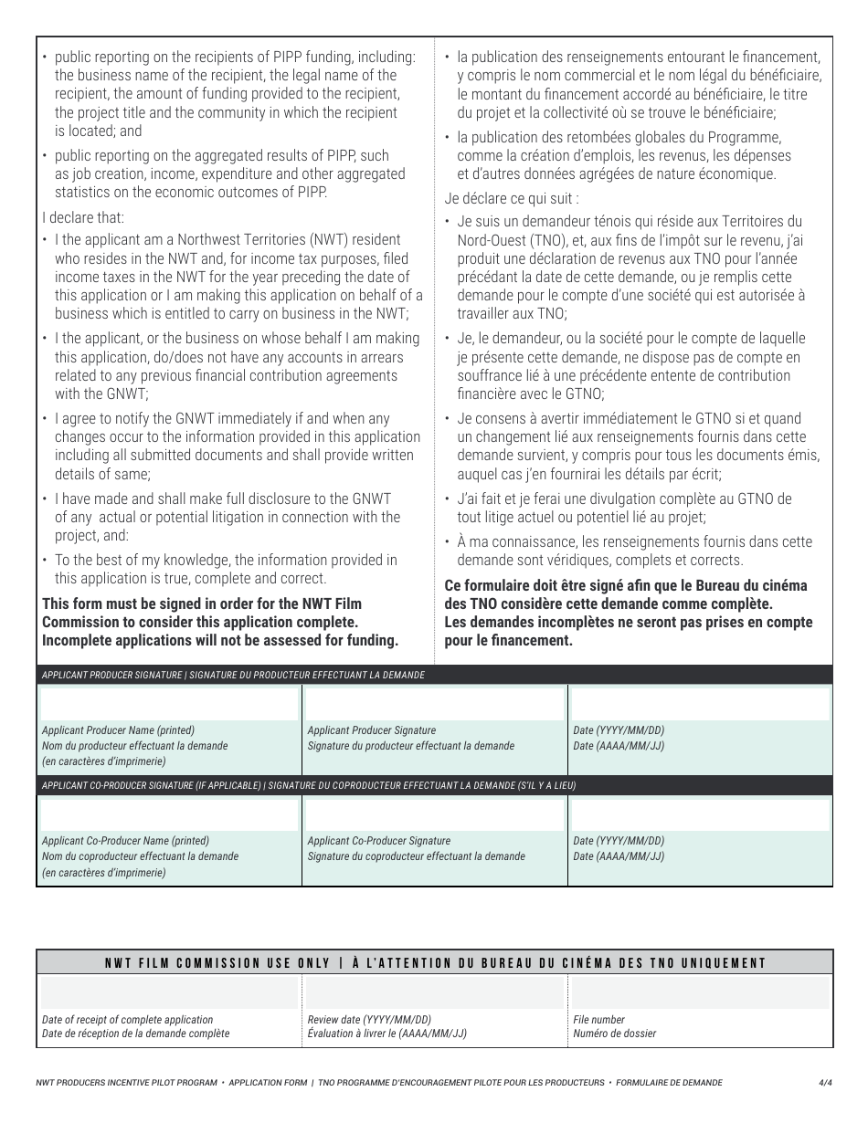 Producers Incentive Pilot Program Application Form - Northwest Territories, Canada (English / French), Page 4