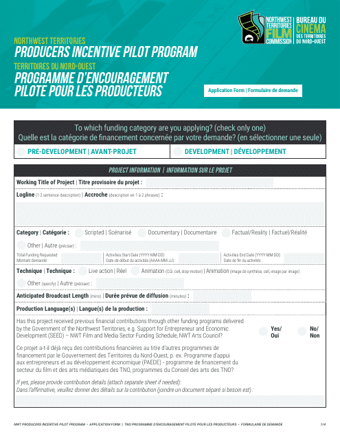 Producers Incentive Pilot Program Application Form - Northwest Territories, Canada (English/French) Download Pdf