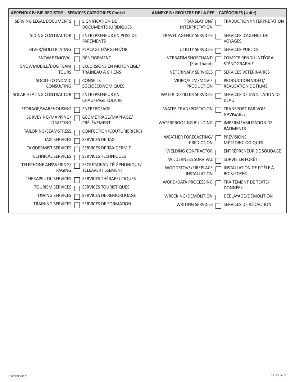 Form NWT9090 Business Incentive Policy - Northwest Territories, Canada (English / French), Page 13