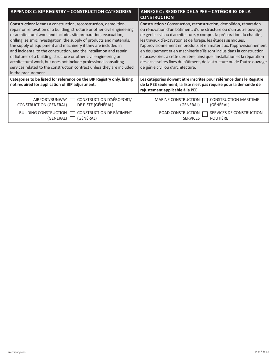 Form NWT9090 Business Incentive Policy - Northwest Territories, Canada (English / French), Page 14