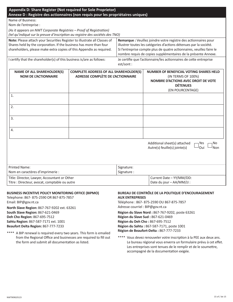 Form NWT9090 Business Incentive Policy - Northwest Territories, Canada (English / French), Page 15