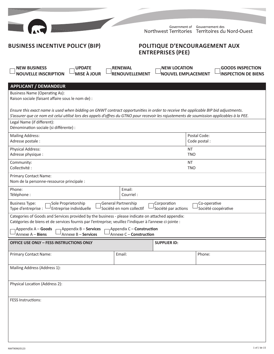 Form NWT9090 Business Incentive Policy - Northwest Territories, Canada (English / French), Page 1