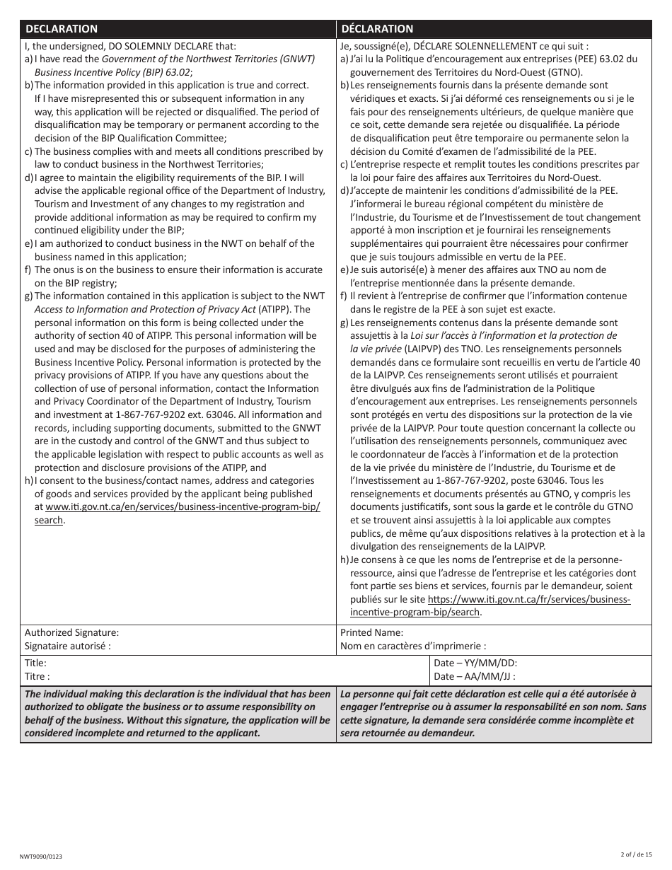 Form NWT9090 Business Incentive Policy - Northwest Territories, Canada (English / French), Page 2