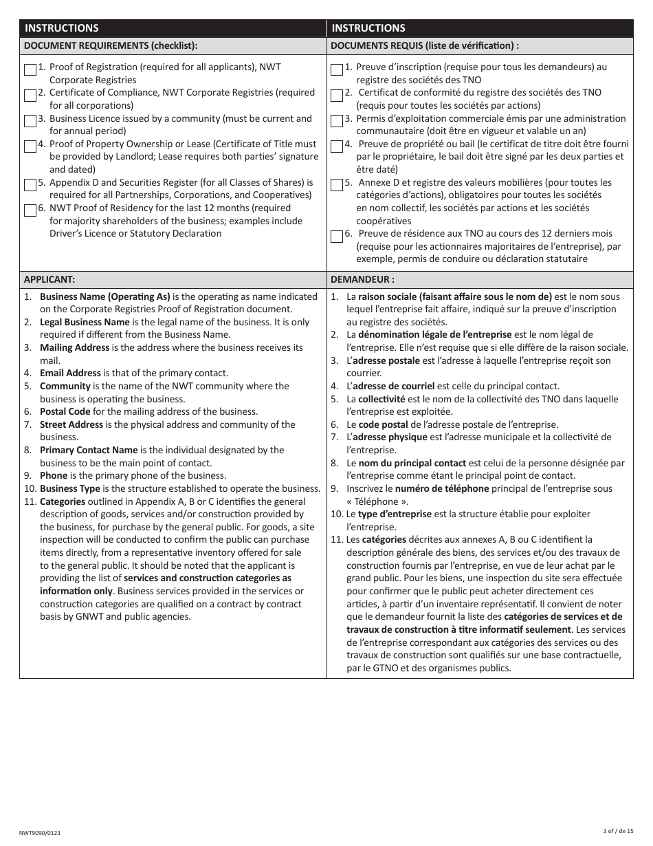 Form NWT9090 Business Incentive Policy - Northwest Territories, Canada (English / French), Page 3