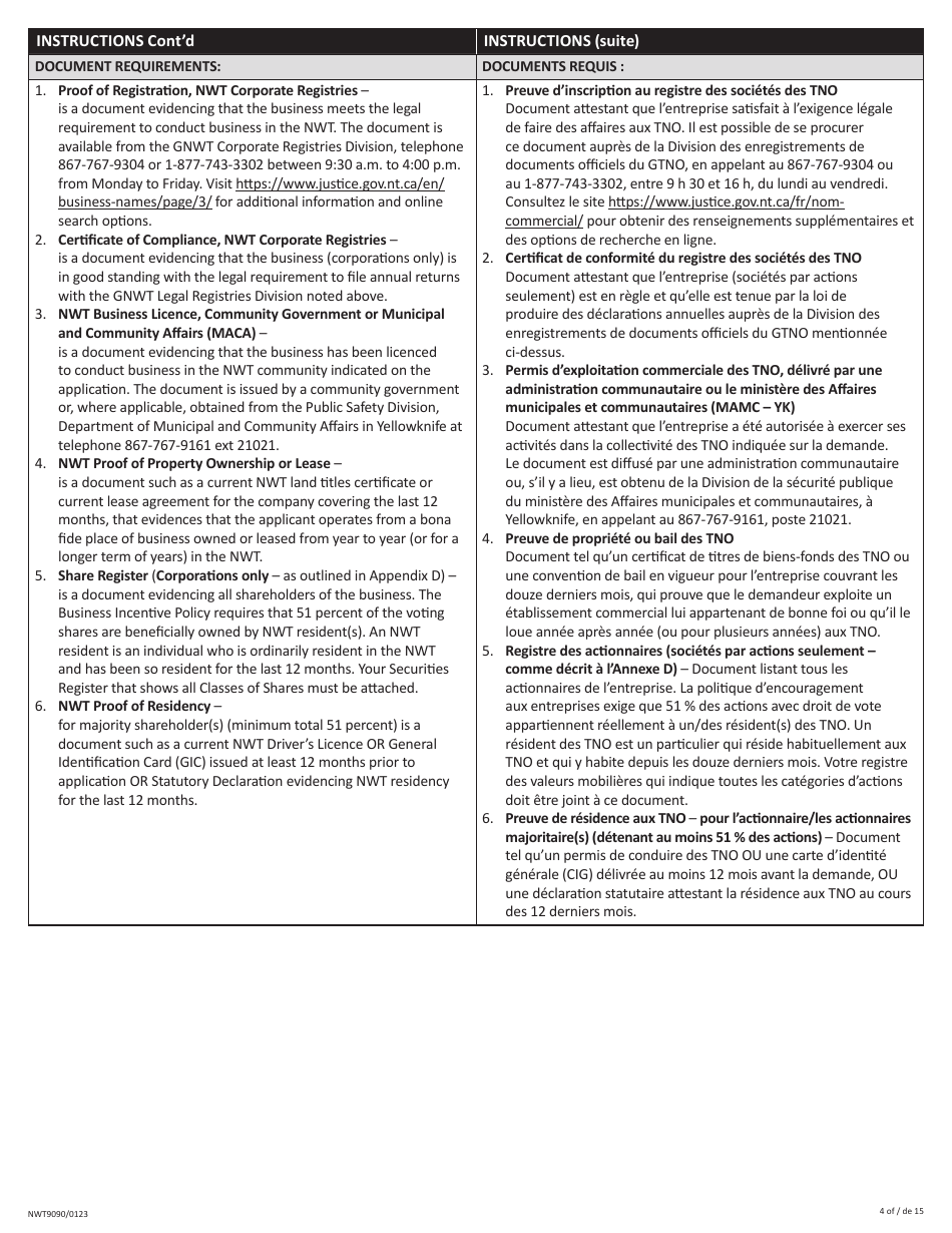 Form NWT9090 Business Incentive Policy - Northwest Territories, Canada (English / French), Page 4