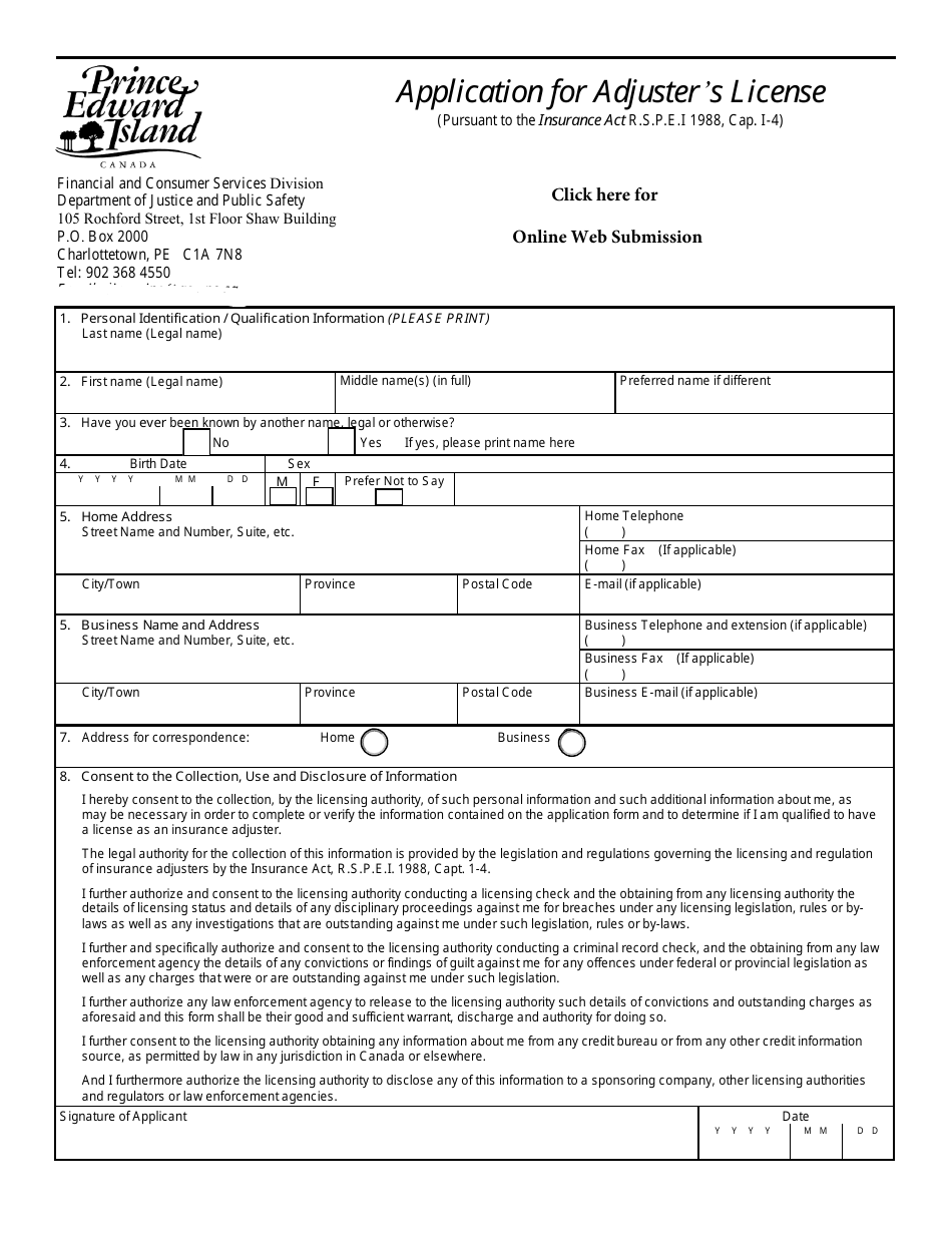 Application for Adjusters License - Prince Edward Island, Canada, Page 1