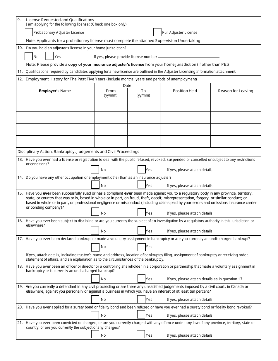 Application for Adjusters License - Prince Edward Island, Canada, Page 2