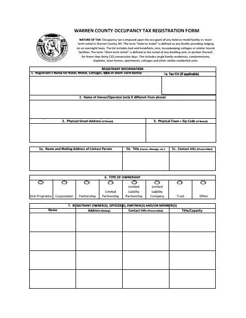 Occupancy Tax Registration Form - Warren County, New York Download Pdf