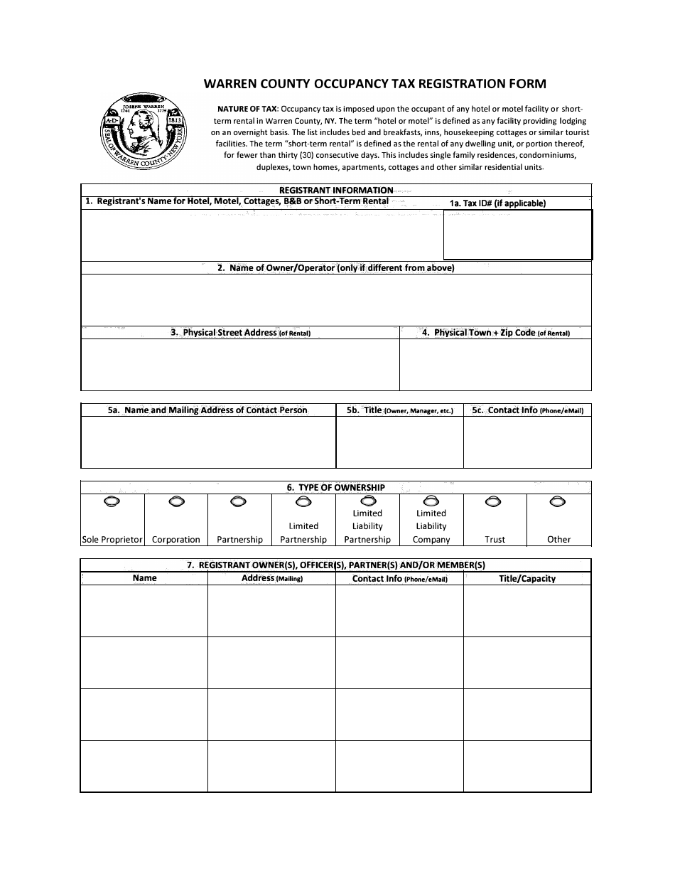 Occupancy Tax Registration Form - Warren County, New York, Page 1