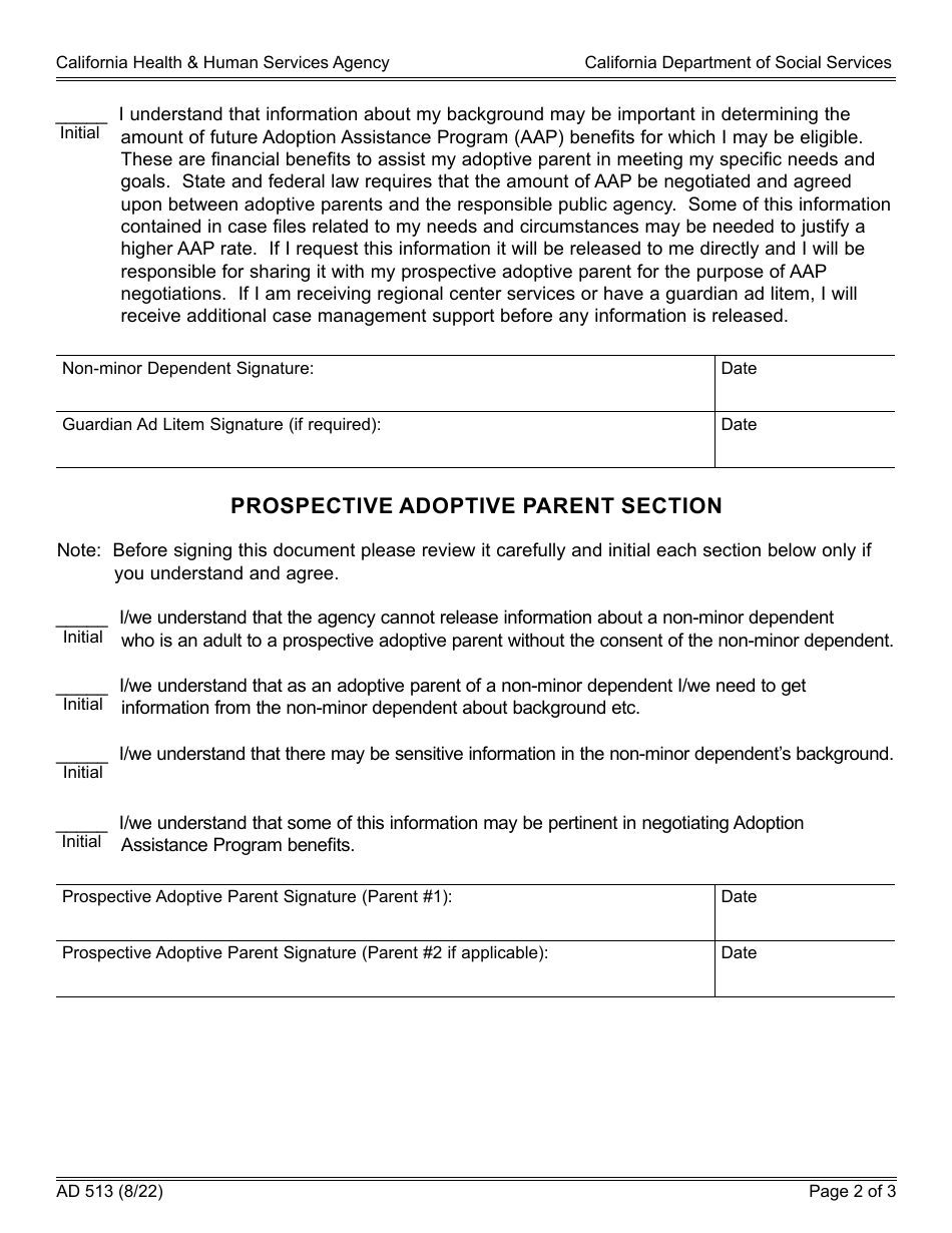 Form AD513 Non-minor Dependent Adoption Mutual Disclosure Agreement - California, Page 2