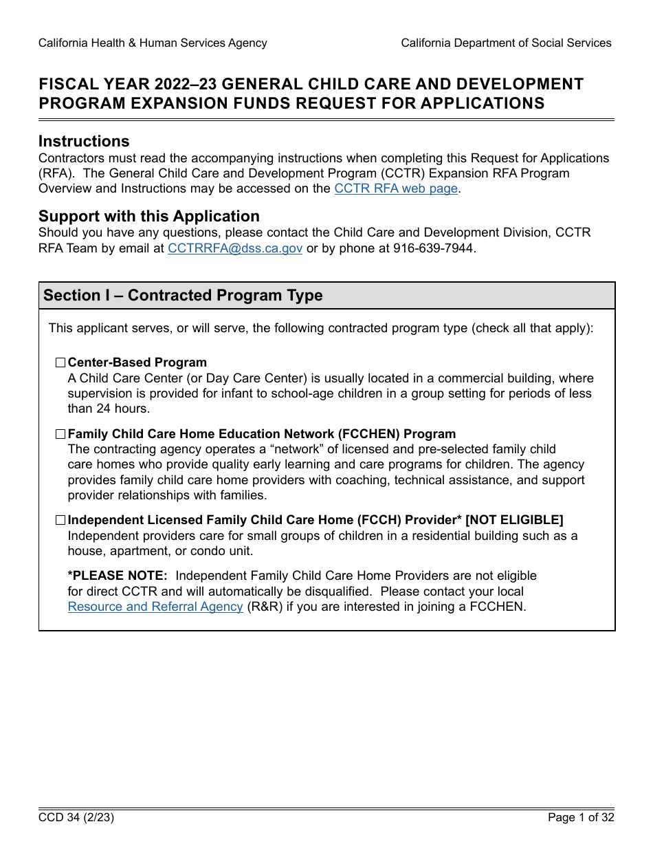 Form CCD34 General Child Care and Development Program Expansion Funds Request for Applications - California, Page 1