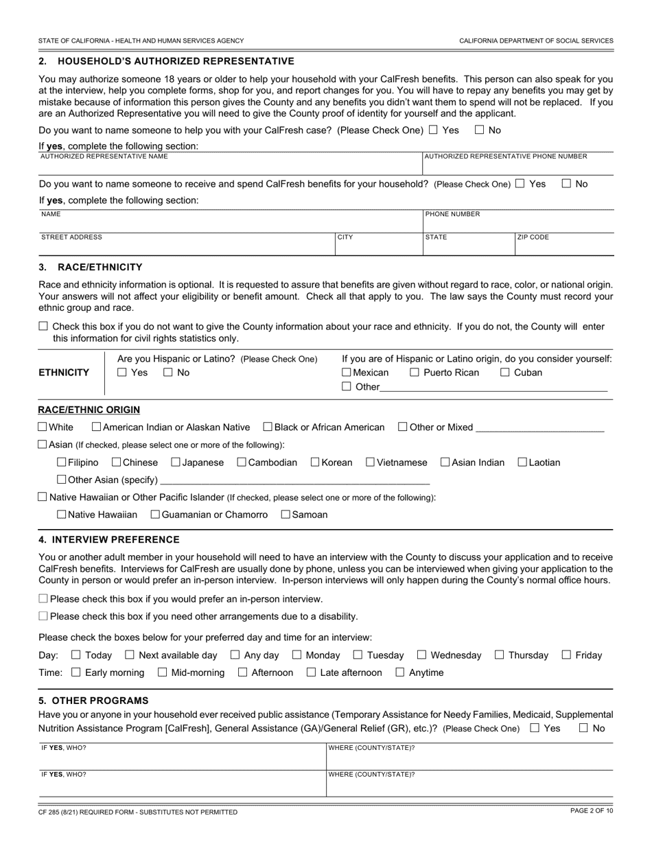 Form Cf285 Download Fillable Pdf Or Fill Online Application For Calfresh Benefits California 4835