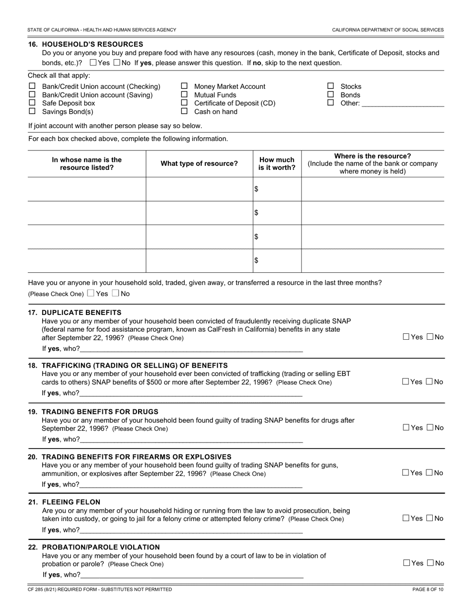 Form Cf285 Download Fillable Pdf Or Fill Online Application For Calfresh Benefits California 5907