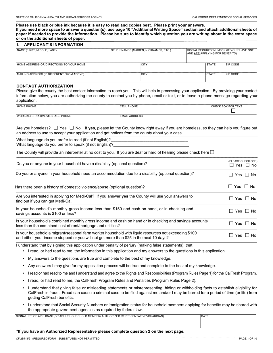 Form Cf285 Download Fillable Pdf Or Fill Online Application For Calfresh Benefits California 1522