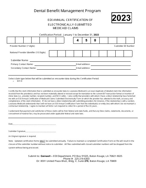 Edi Annual Certification of Electronically-Submitted Medicaid Claims - Dental Benefit Management Program - Louisiana Download Pdf