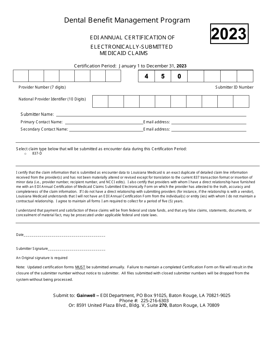 Edi Annual Certification of Electronically-Submitted Medicaid Claims - Dental Benefit Management Program - Louisiana, Page 1