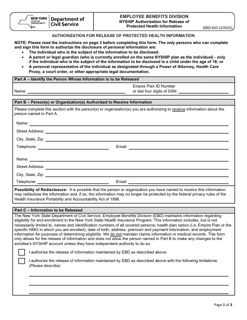 Form EBD-543 Nyship Authorization for Release of Protected Health Information - New York