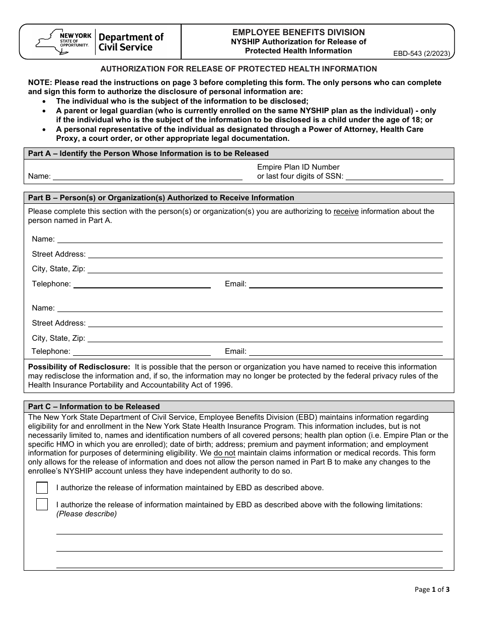Form EBD-543 Nyship Authorization for Release of Protected Health Information - New York, Page 1