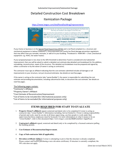 Detailed Construction Cost Breakdown Itemization Package - Lee County, Florida Download Pdf