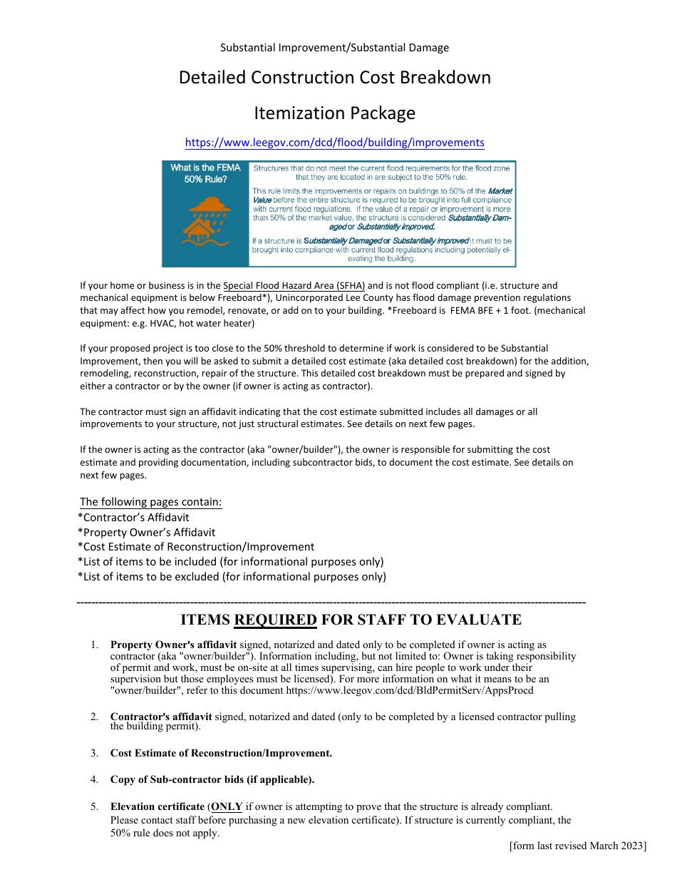 Detailed Construction Cost Breakdown Itemization Package - Lee County, Florida, Page 1
