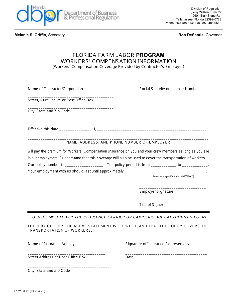 Form 3111 Workers Compensation Information (Workers Compensation Coverage Provided by Contractors Employer) - Florida Farm Labor Program - Florida, Page 1