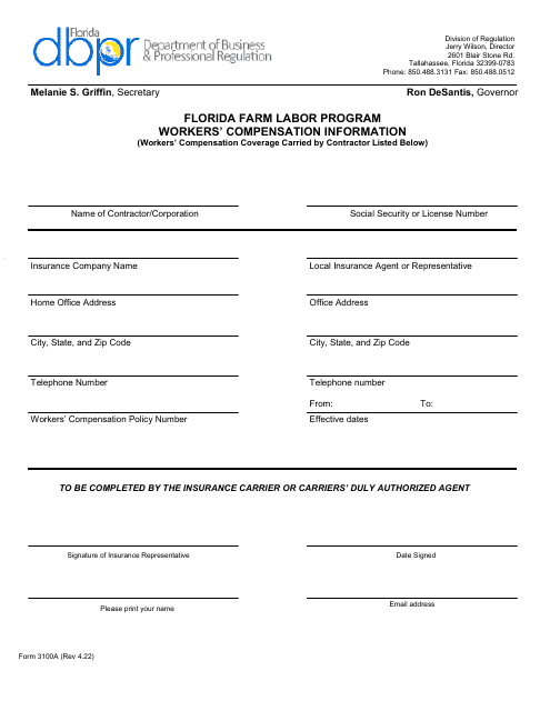 Form 3100A Workers' Compensation Information - Florida Farm Labor Program - Florida