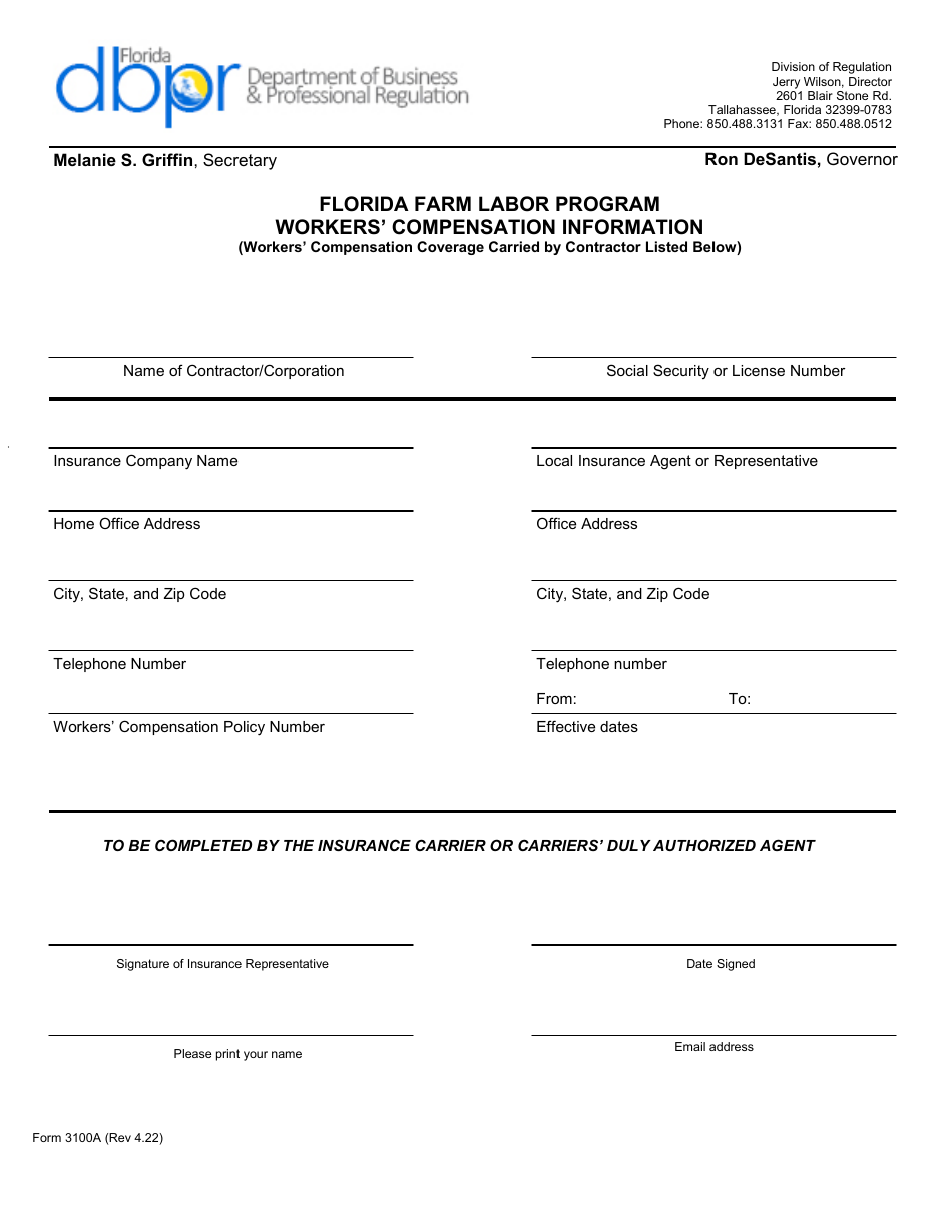 Form 3100A Workers Compensation Information - Florida Farm Labor Program - Florida, Page 1