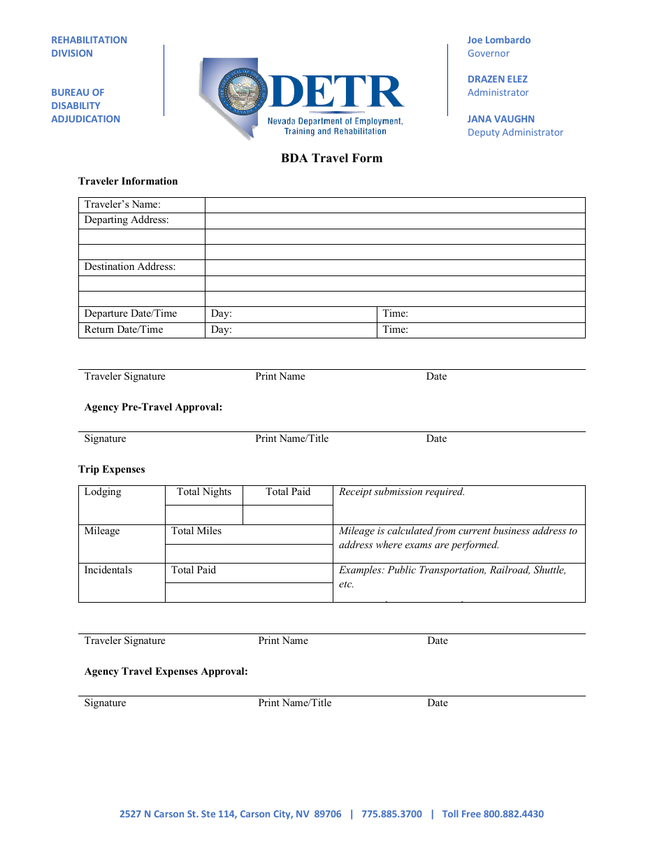 Nevada Bda Travel Form - Fill Out, Sign Online and Download PDF ...