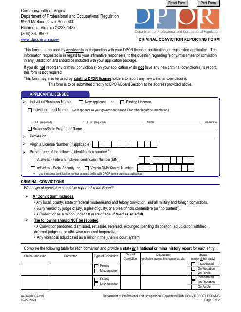 Form A406-01CCR Criminal Conviction Reporting Form - Virginia