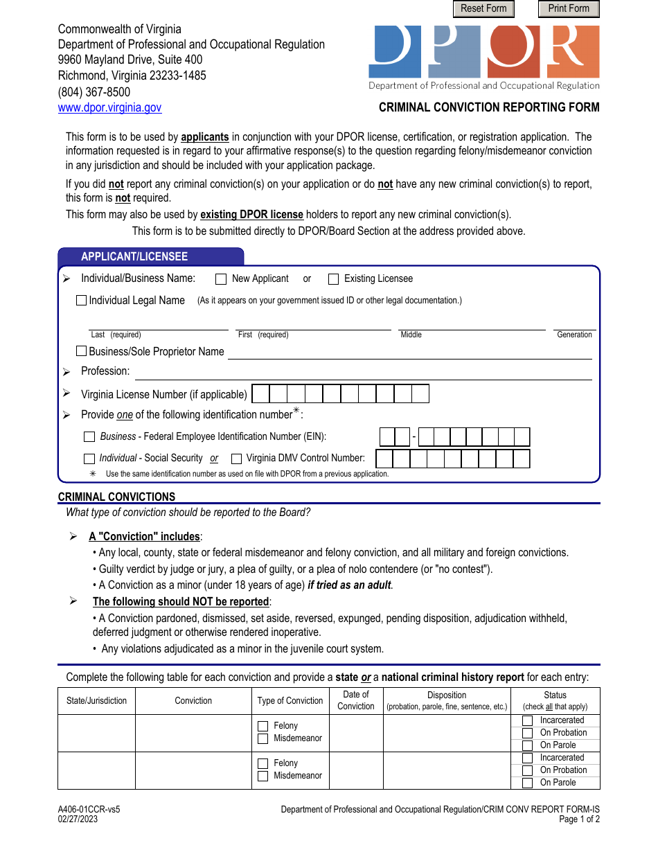 Form A406-01CCR Criminal Conviction Reporting Form - Virginia, Page 1