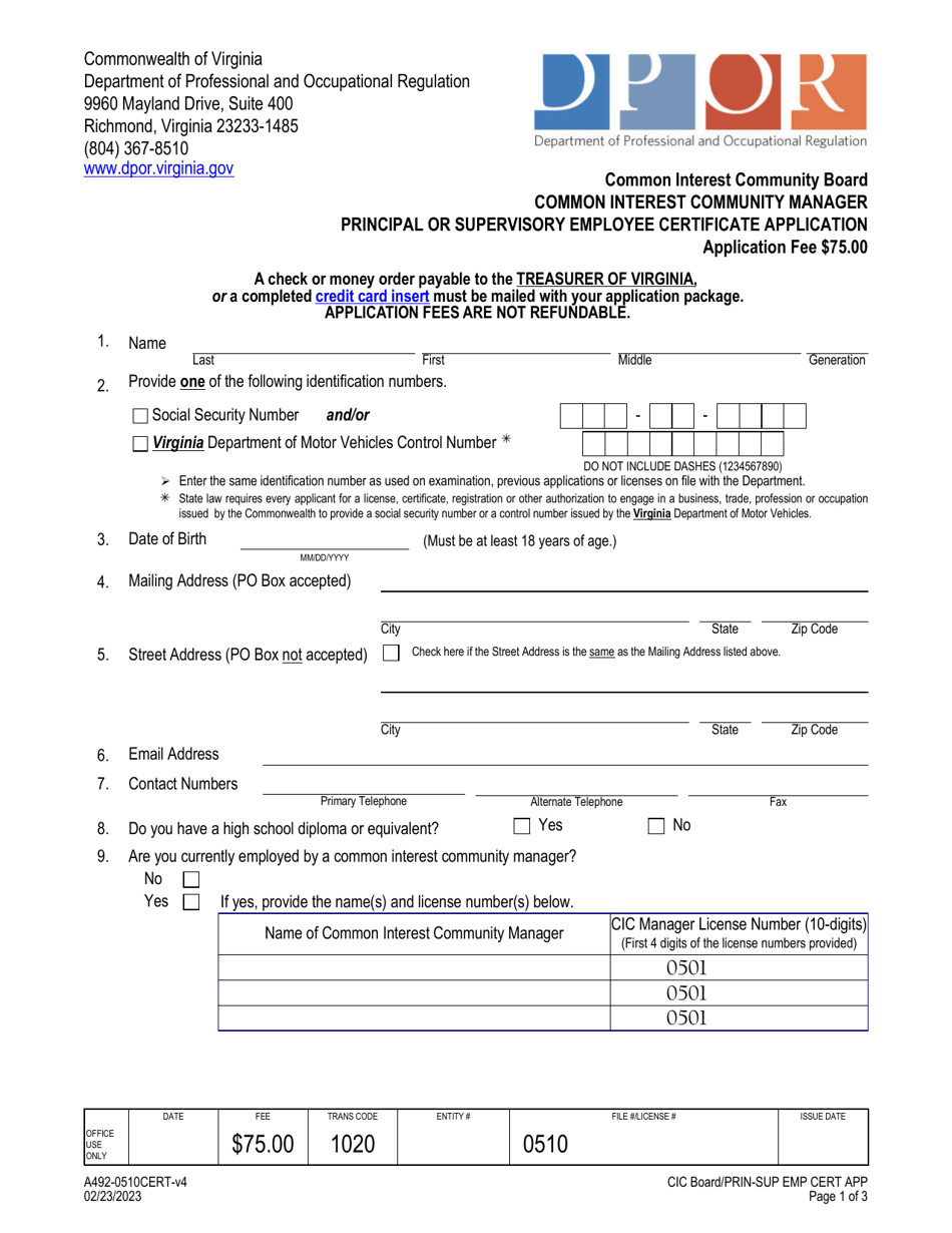 Form A492-0510CERT Common Interest Community Manager Principal or Supervisory Employee Certificate Application - Virginia, Page 1