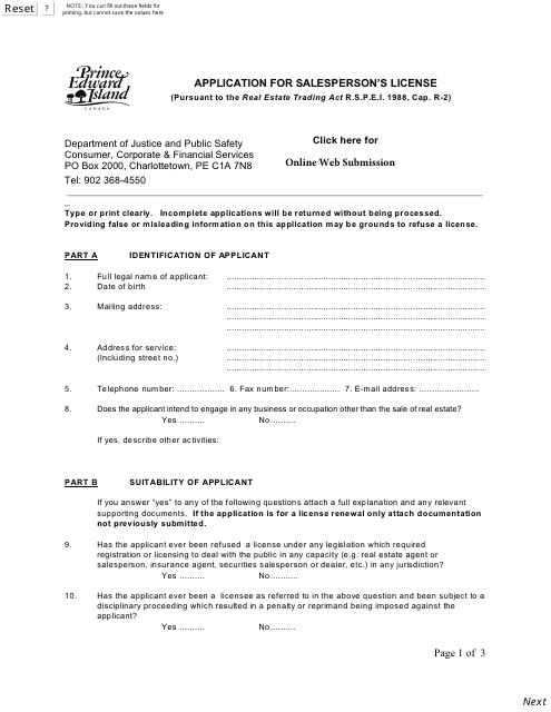Application for Salesperson's License - Prince Edward Island, Canada Download Pdf