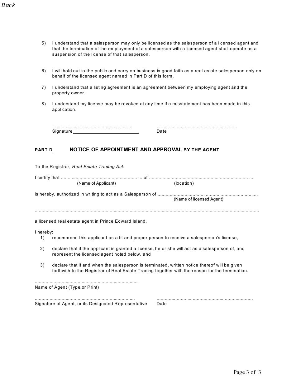 Application for Salespersons License - Prince Edward Island, Canada, Page 3
