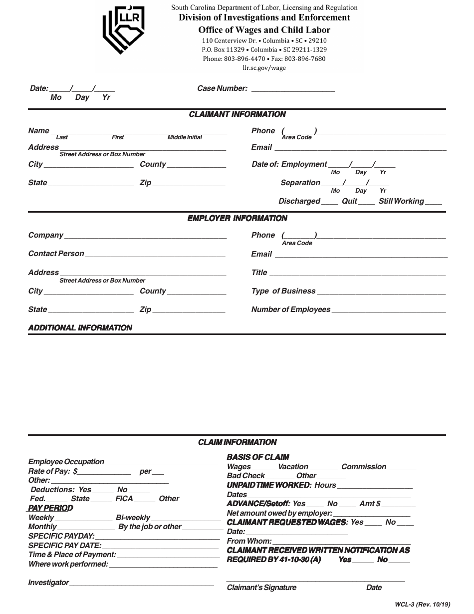 Form WCL-3 Wage Complaint Form - South Carolina, Page 1