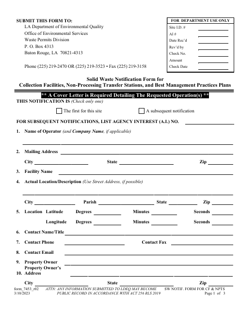Form 7453 Solid Waste Notification Form for Collection Facilities, Non-processing Transfer Stations, and Best Management Practices Plans - Louisiana