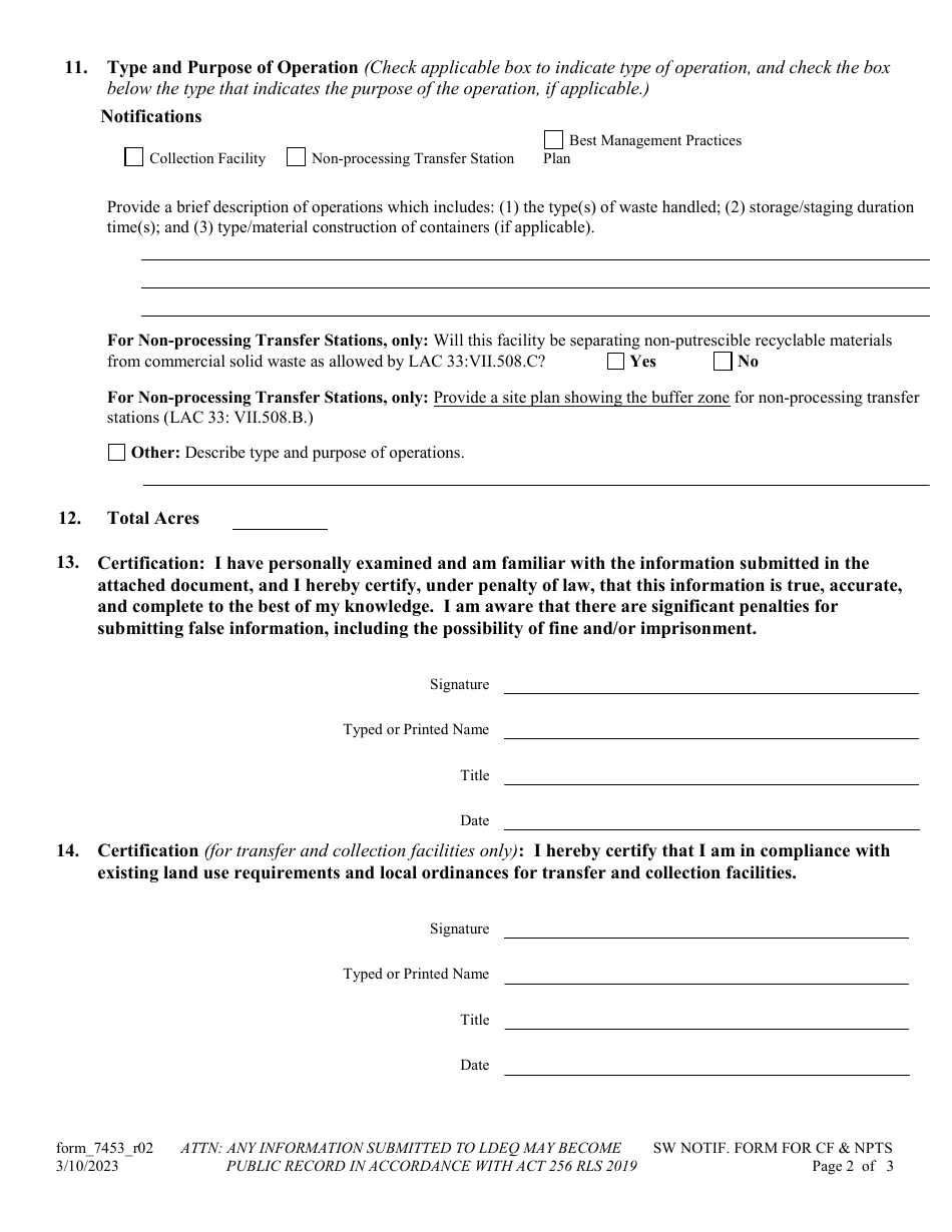 Form 7453 Solid Waste Notification Form for Collection Facilities, Non-processing Transfer Stations, and Best Management Practices Plans - Louisiana, Page 2