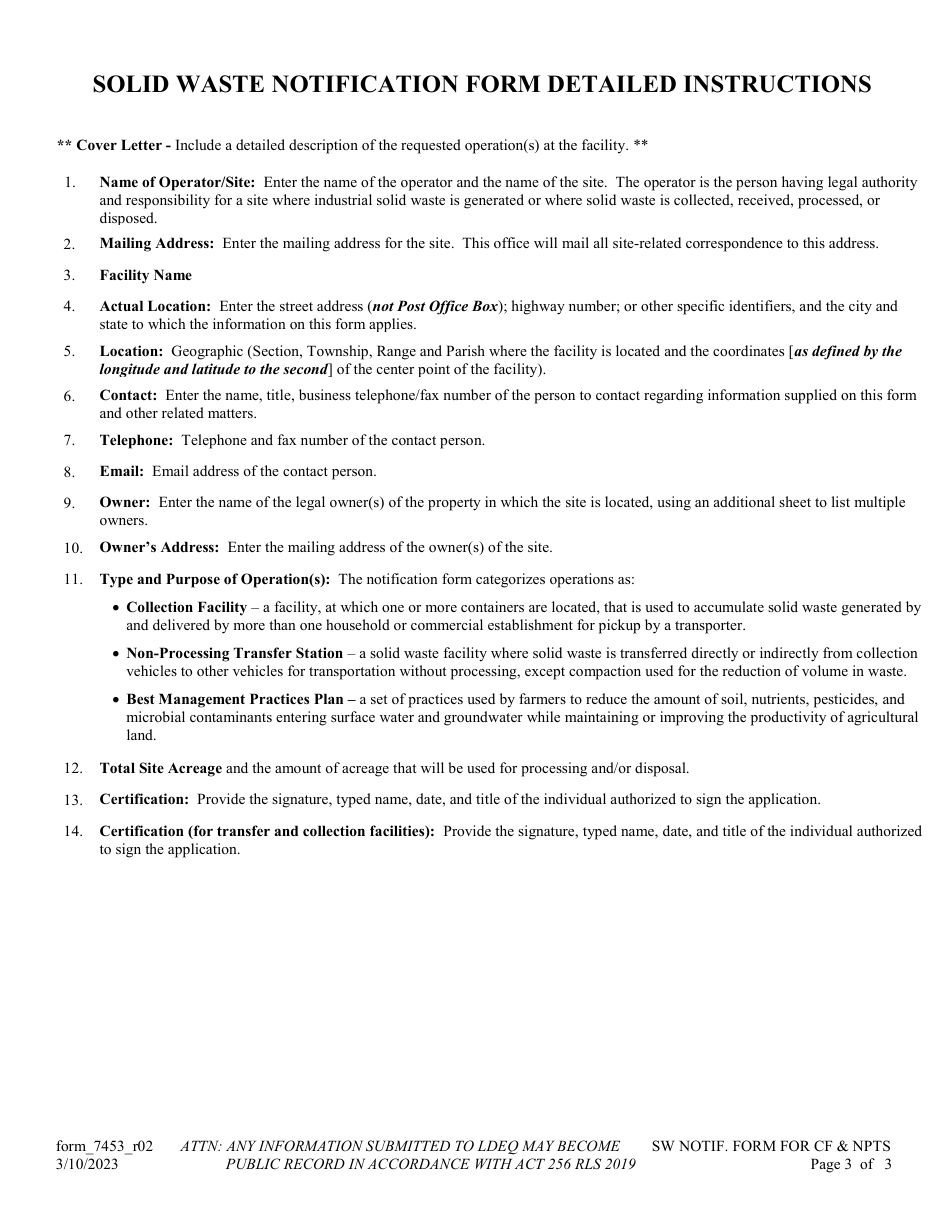 Form 7453 Solid Waste Notification Form for Collection Facilities, Non-processing Transfer Stations, and Best Management Practices Plans - Louisiana, Page 3