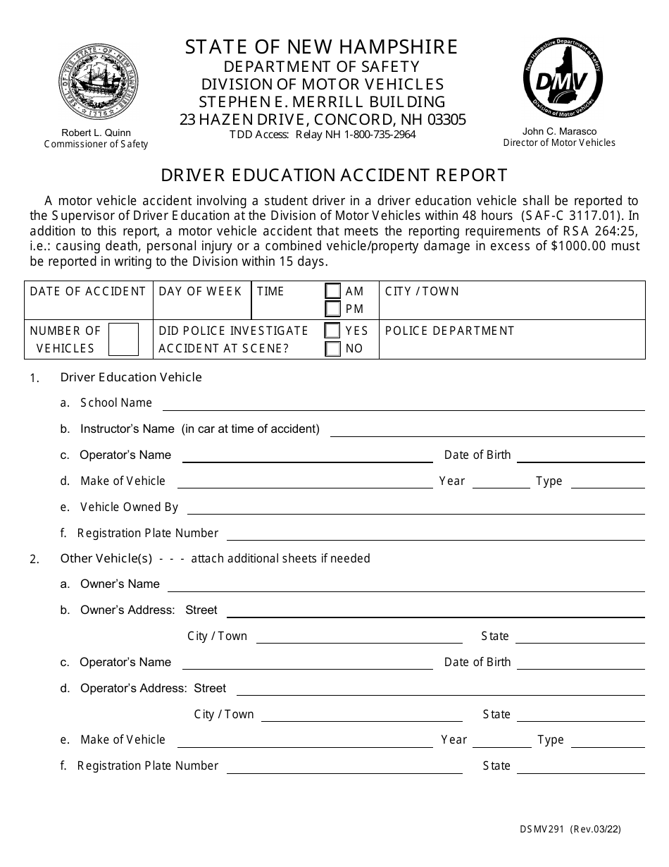 Form DSMV291 Driver Education Accident Report - New Hampshire, Page 1