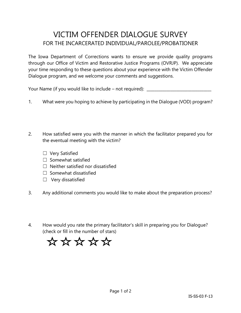 Victim Offender Dialogue Survey for the Incarcerated Individual / Parolee / Probationer - Iowa, Page 1