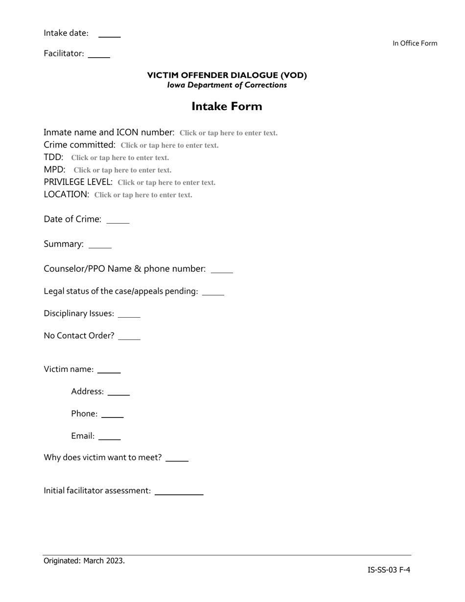 Victim Offender Dialogue (Vod) Intake Form - Iowa, Page 1