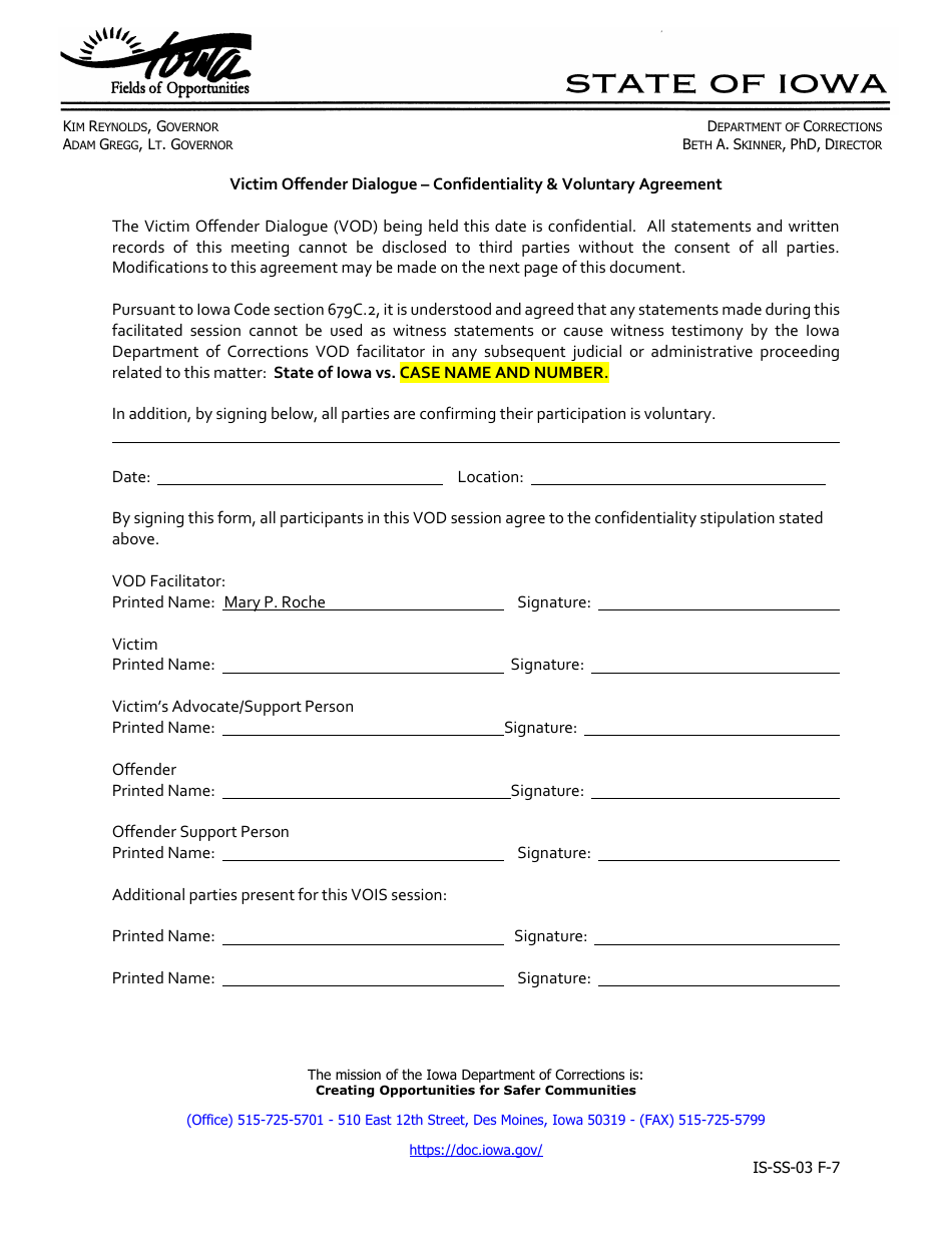 Victim Offender Dialogue - Confidentiality  Voluntary Agreement - Iowa, Page 1