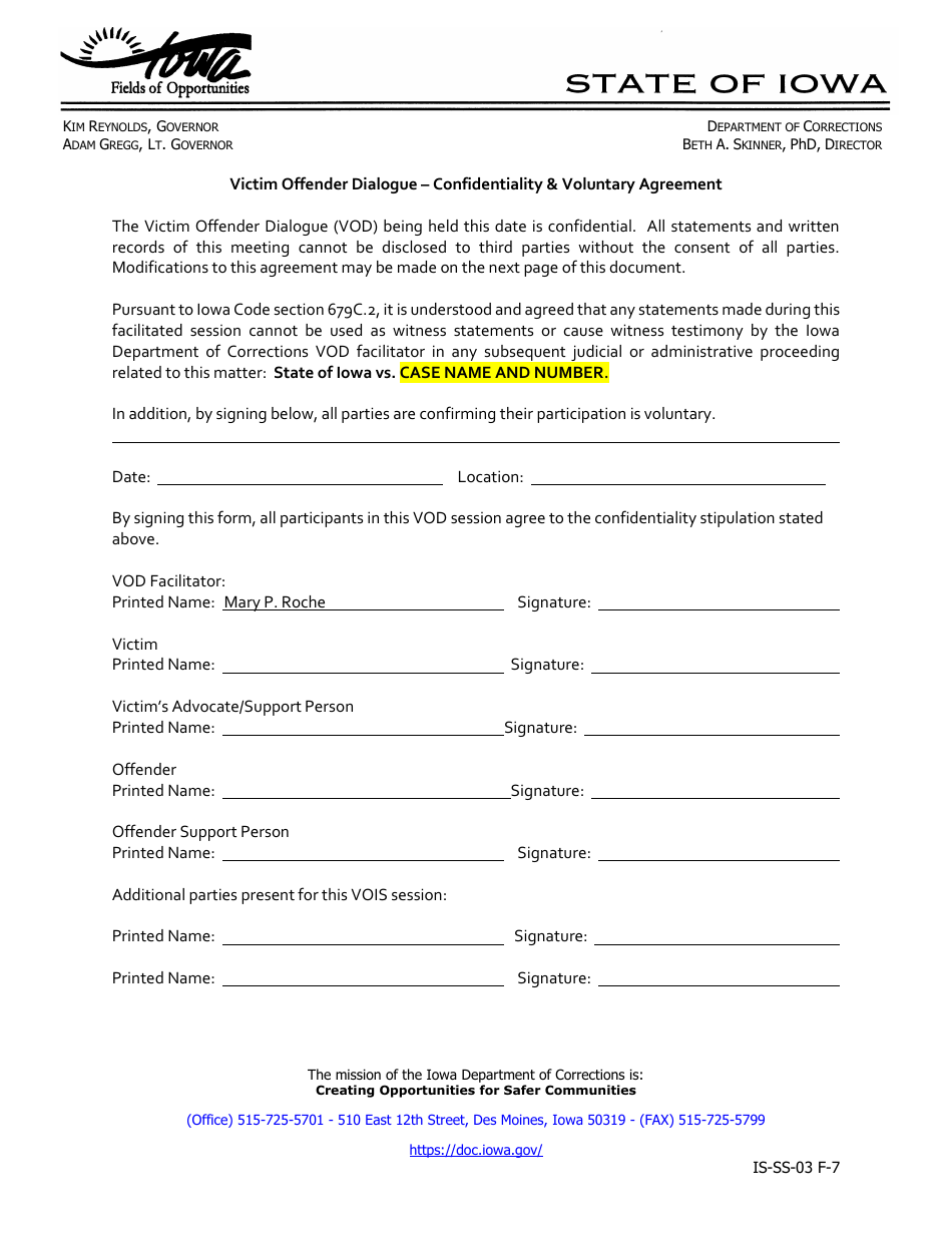 Iowa Victim Offender Dialogue Confidentiality & Voluntary Agreement
