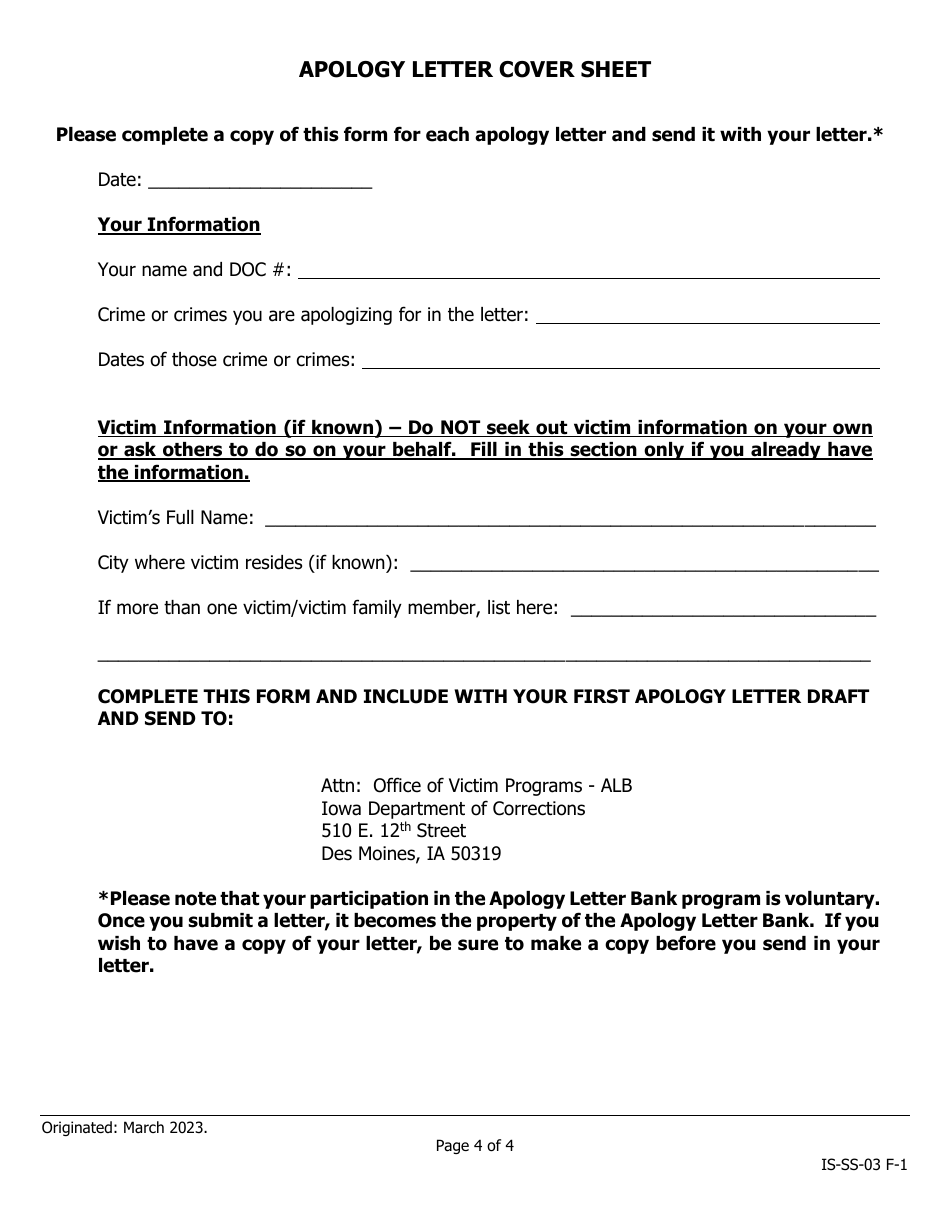 Apology Letter Cover Sheet - Iowa, Page 4